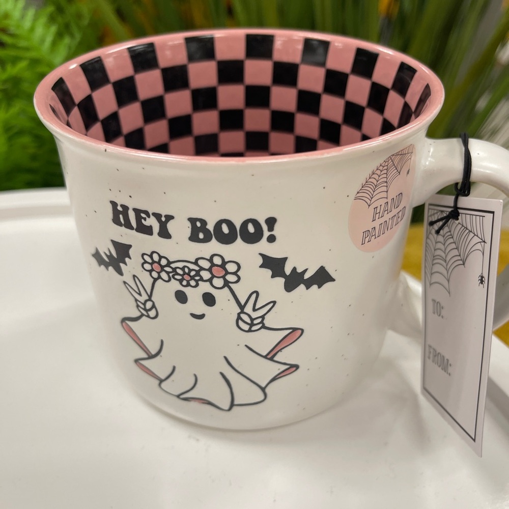 Pink Halloween Groovy Ghost Peace Checkered Hey Boo! Ceramic Coffee mug NEW